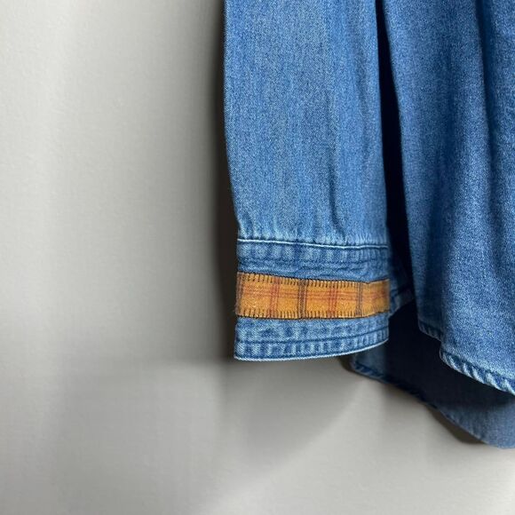 vintage 90s 1990s retro fall autumn Scarecrow patchwork denim button-up shirt xl - Picture 4 of 8
